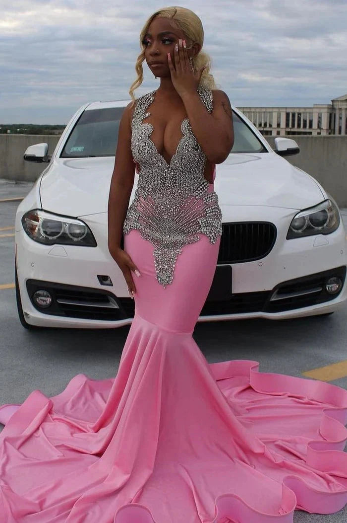 Pink Gorgeous Exquisite Beaded Elegant Stunning Mermaid Long Satin Floor Length Train Prom Dress Evening Gown Party Dress