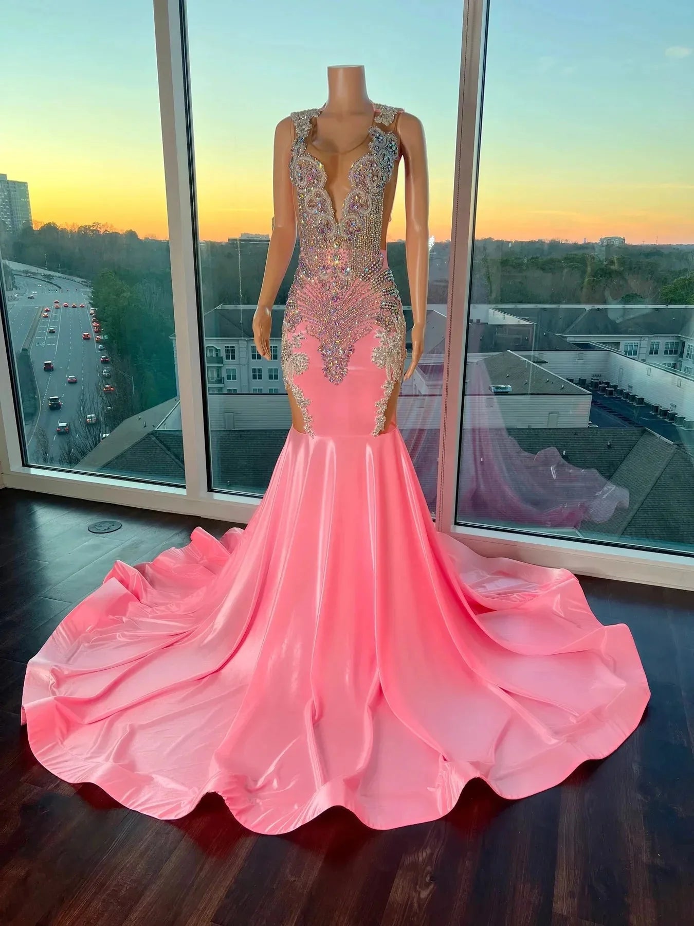 Pink Gorgeous Exquisite Beaded Elegant Stunning Mermaid Long Satin Floor Length Train Prom Dress Evening Gown Party Dress Main image