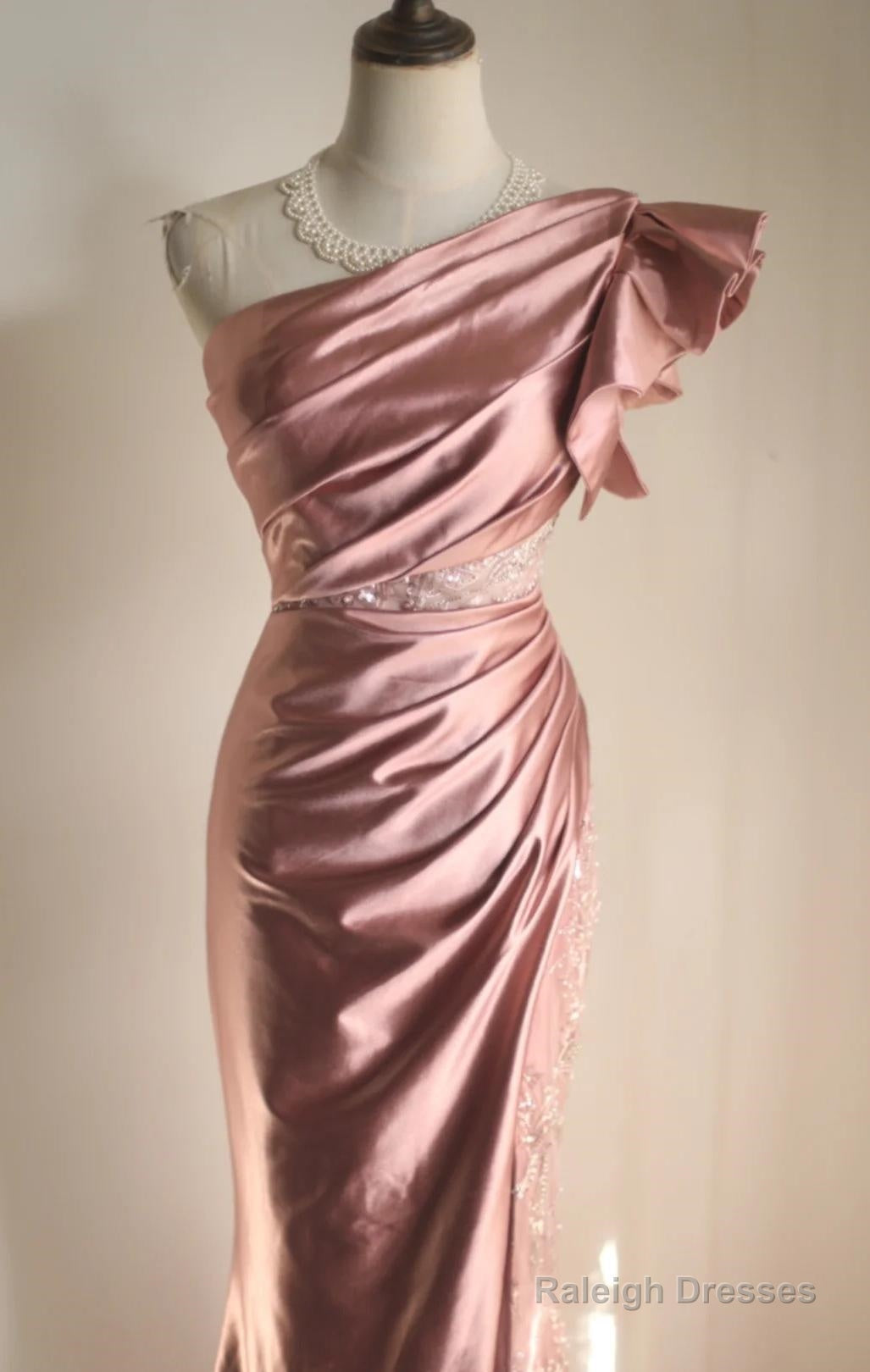 Pink Mermaid One Shoulder Satin Beaded Sequin Prom Dresses Long Bridal Dresses Secondary image