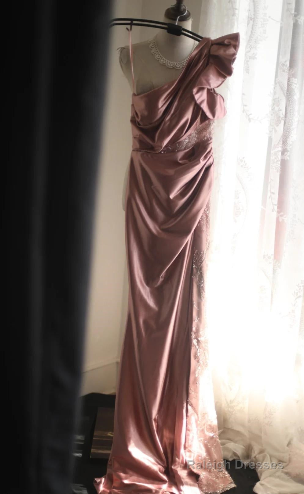 Pink Mermaid One Shoulder Satin Beaded Sequin Prom Dresses Long Bridal Dresses