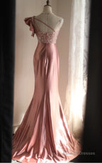 Pink Mermaid One Shoulder Satin Beaded Sequin Prom Dresses Long Bridal Dresses