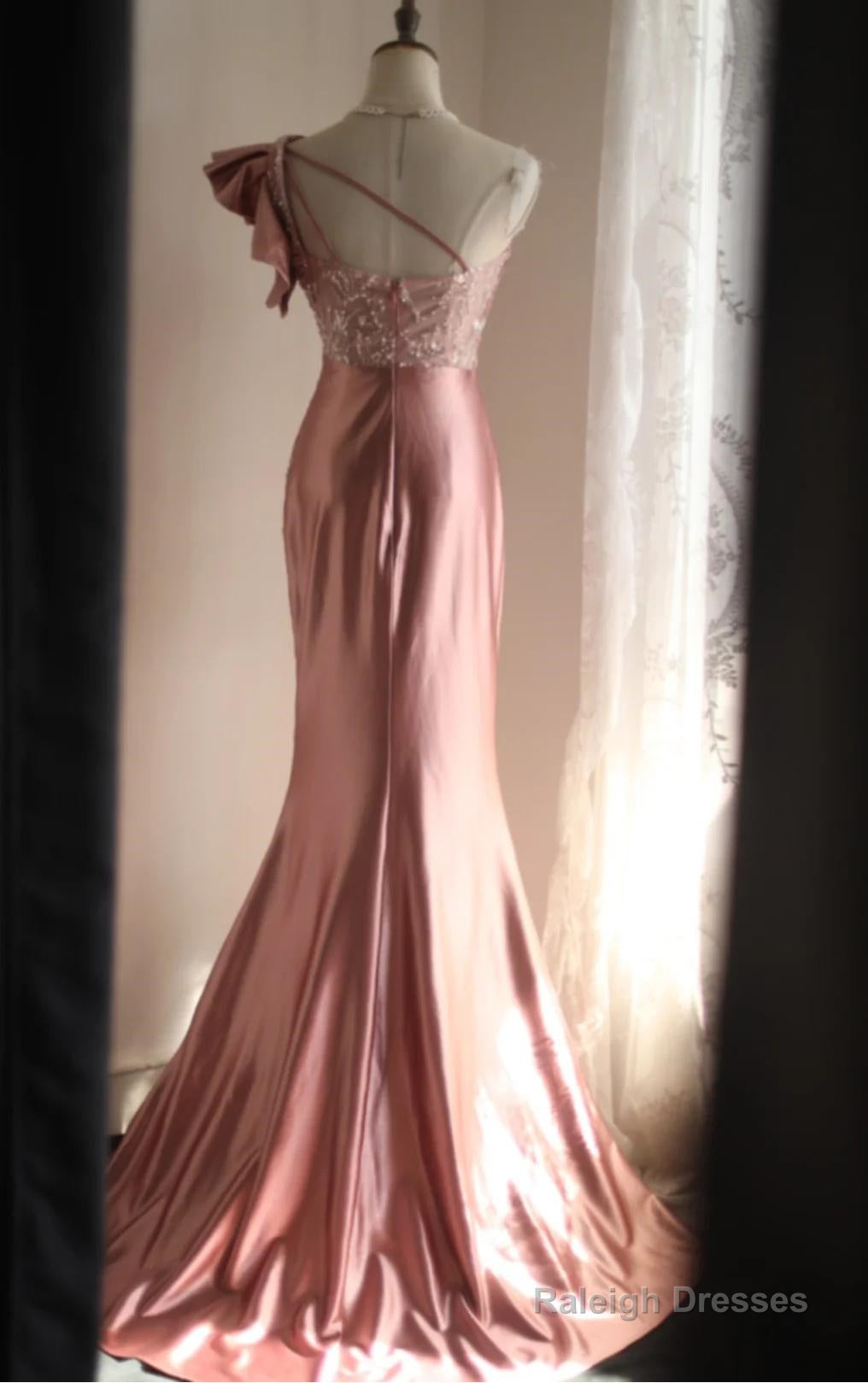 Pink Mermaid One Shoulder Satin Beaded Sequin Prom Dresses Long Bridal Dresses