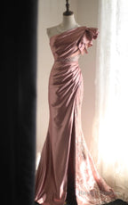 Pink Mermaid One Shoulder Satin Beaded Sequin Long Prom Dress Bridal Dress