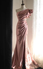 Pink Mermaid One Shoulder Satin Beaded Sequin Prom Dresses Long Bridal Dresses