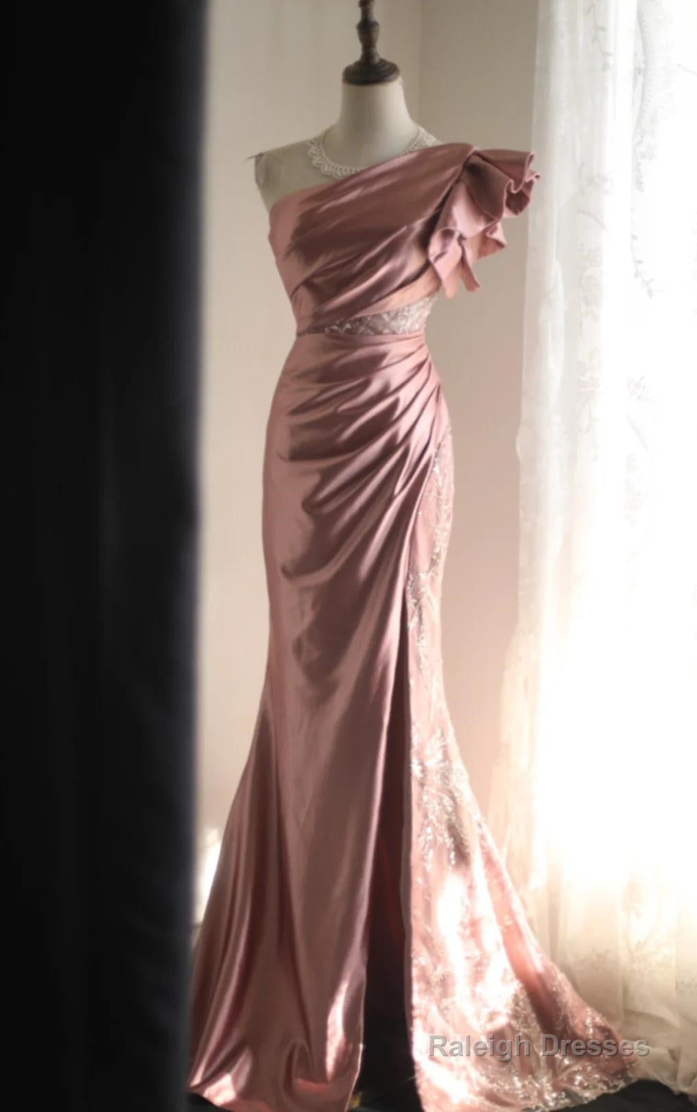 Pink Mermaid One Shoulder Satin Beaded Sequin Prom Dresses Long Bridal Dresses