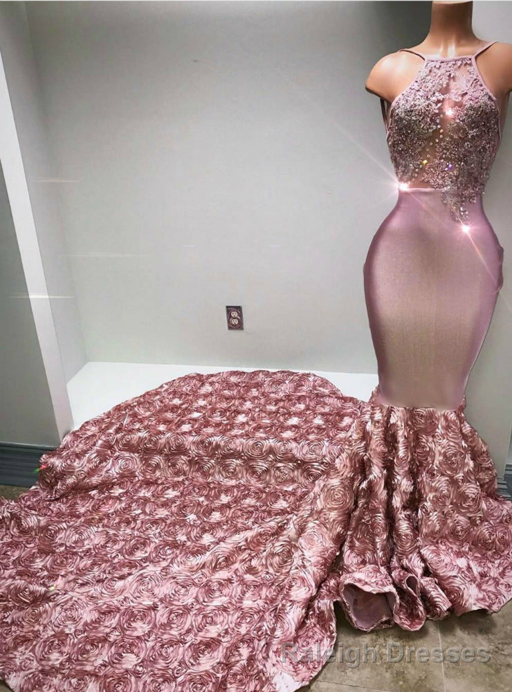 Pink Mermaid Satin Halter See Through Prom Dress With Train