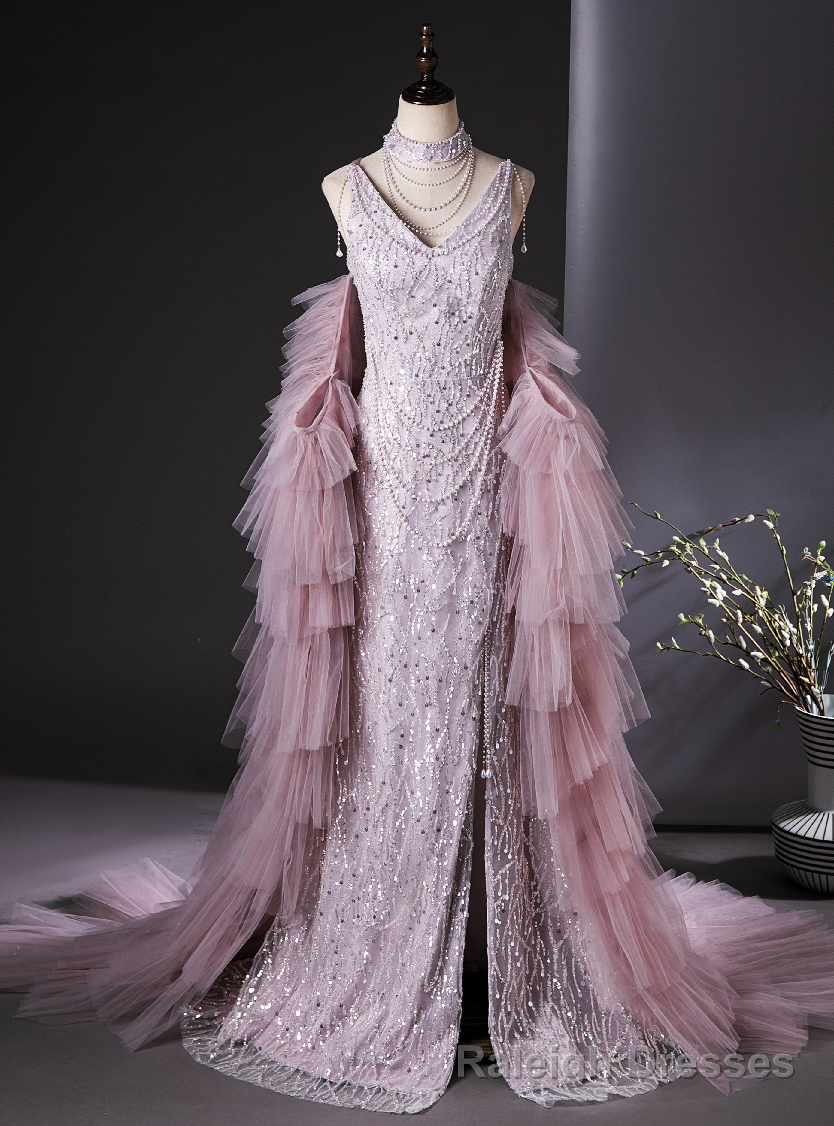 Pink Mermaid Sequins Beading Prom Dress With Train Main image