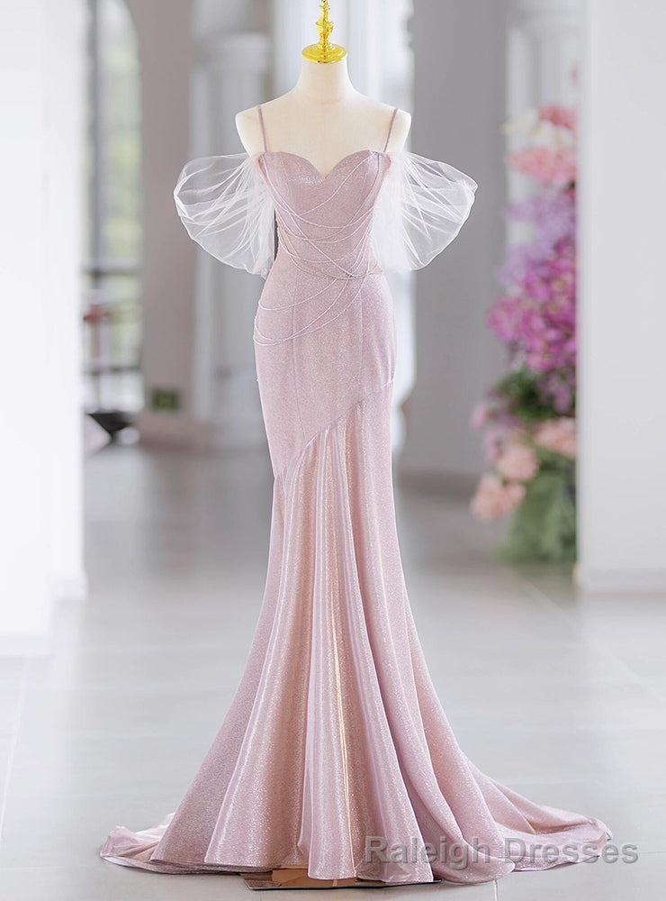 Pink Mermaid Spaghetti Straps Beading Prom Dress Main image