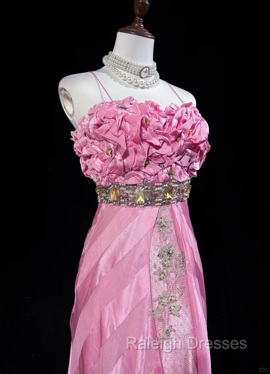 Pink Mermaid Spaghetti Straps Satin Beaded Long Prom Dress Beautiful Bridal Dress