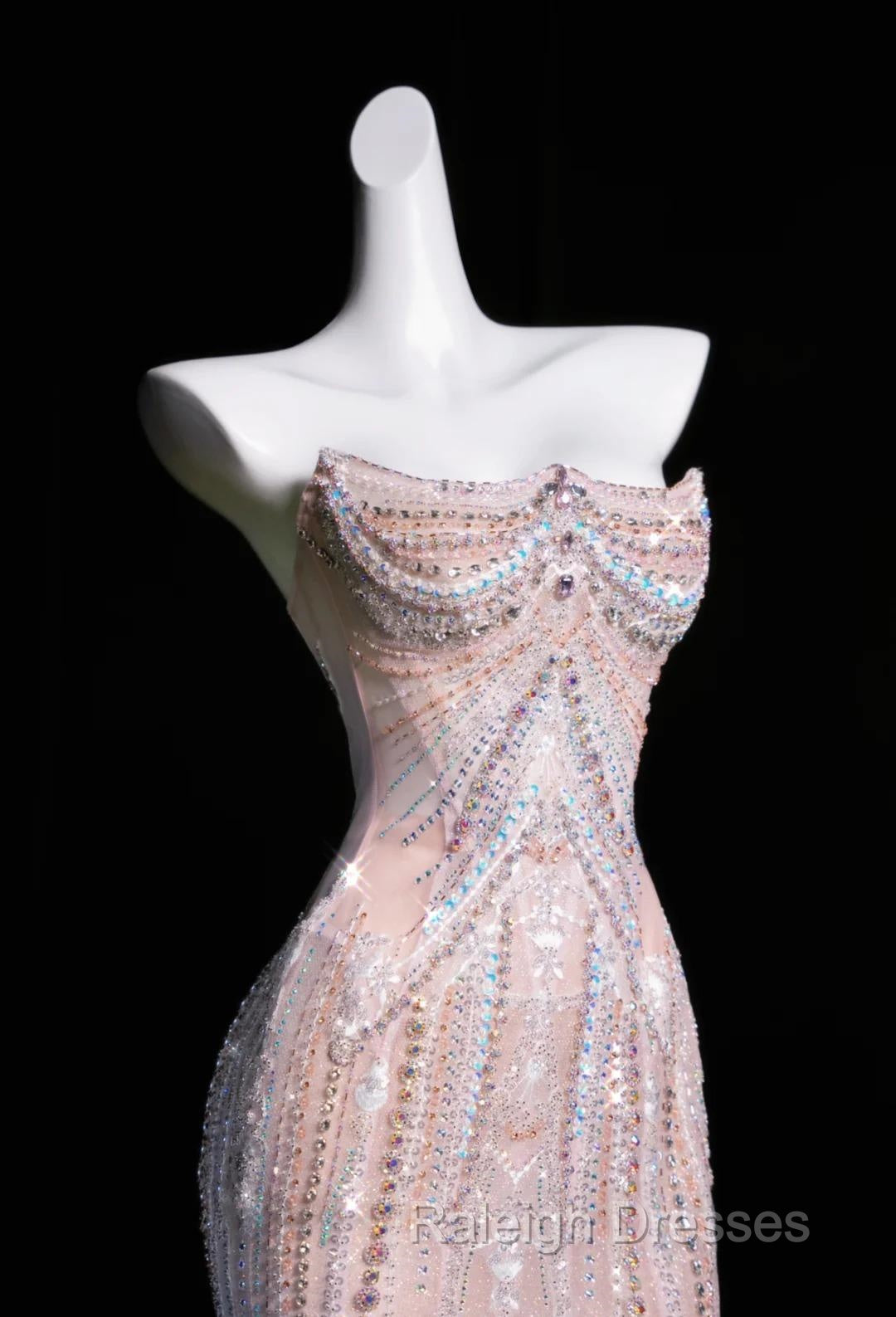 Pink Mermaid Strapless Tulle Diamond Long Prom Dress Sweet Wedding Dress Formal Dress Secondary image