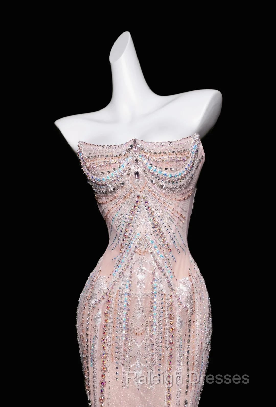 Pink Mermaid Strapless Tulle Diamond Prom Dresses Long Sweet Wedding Dresses Prom Dresses