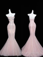 Pink Mermaid Strapless Tulle Diamond Long Prom Dress Sweet Wedding Dress Formal Dress