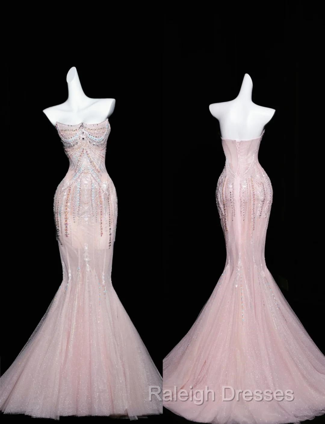 Pink Mermaid Strapless Tulle Diamond Long Prom Dress Sweet Wedding Dress Formal Dress