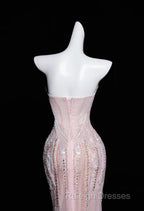 Pink Mermaid Strapless Tulle Diamond Long Prom Dress Sweet Wedding Dress Formal Dress