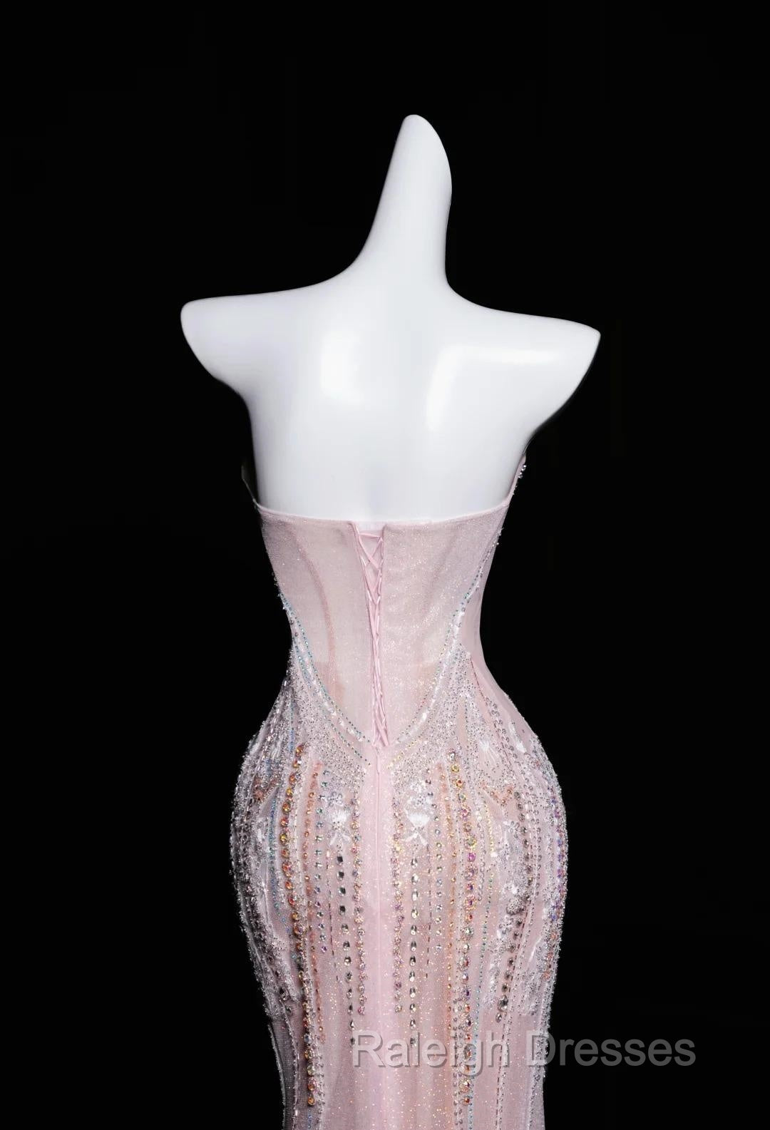 Pink Mermaid Strapless Tulle Diamond Long Prom Dress Sweet Wedding Dress Formal Dress