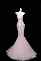 Pink Mermaid Strapless Tulle Diamond Long Prom Dress Sweet Wedding Dress Formal Dress