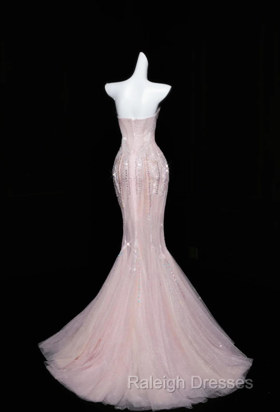 Pink Mermaid Strapless Tulle Diamond Long Prom Dress Sweet Wedding Dress Formal Dress