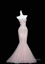 Pink Mermaid Strapless Tulle Diamond Long Prom Dress Sweet Wedding Dress Formal Dress
