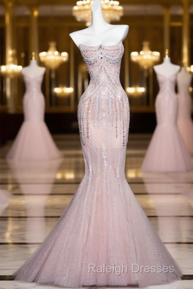 Pink Mermaid Strapless Tulle Diamond Prom Dresses Long Sweet Wedding Dresses Prom Dresses