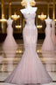 Pink Mermaid Strapless Tulle Diamond Prom Dresses Long Sweet Wedding Dresses Prom Dresses