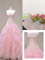 Pink Mermaid Strapless Tulle Sequined Long Prom Dress, Sweet Embroidered Applique Wedding Dress