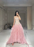 Pink Mermaid Strapless Tulle Sequined Long Prom Dress, Sweet Embroidered Applique Wedding Dress