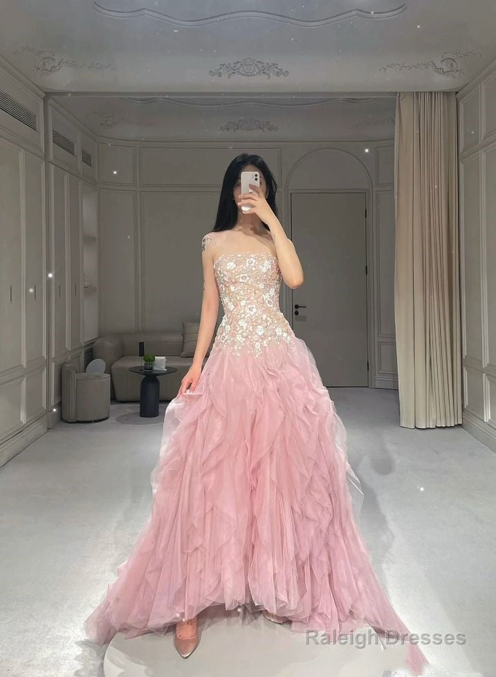 Pink Mermaid Strapless Tulle Sequined Long Prom Dress, Sweet Embroidered Applique Wedding Dress