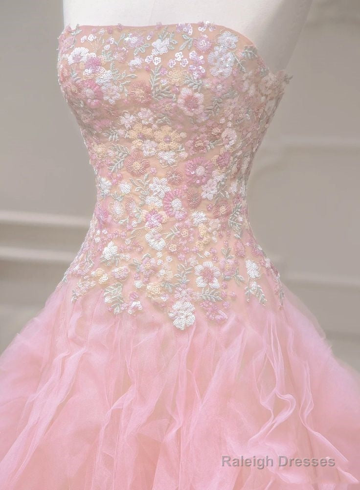Pink Mermaid Strapless Tulle Sequined Long Prom Dresses Sweet Embroidered Applique Wedding Dresses
