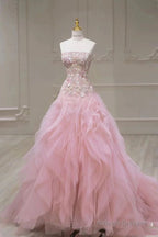 Pink Mermaid Strapless Tulle Sequined Long Prom Dresses Sweet Embroidered Applique Wedding Dresses