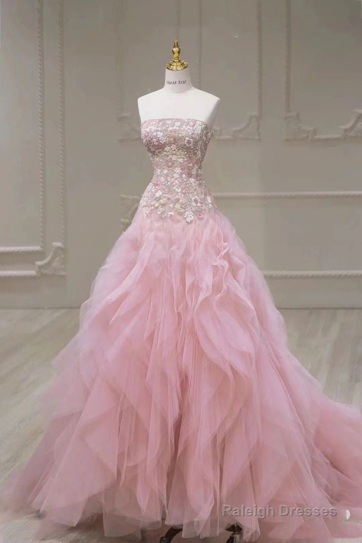 Pink Mermaid Strapless Tulle Sequined Long Prom Dresses Sweet Embroidered Applique Wedding Dresses