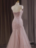 Pink Mermaid Strapless Tulle Sequined Long Prom Dress Sweet Wedding Dress