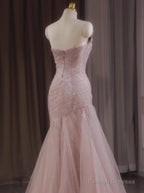 Pink Mermaid Strapless Tulle Sequined Prom Dresses Long Sweet Wedding Dresses