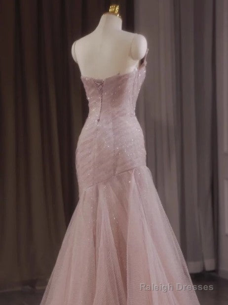 Pink Mermaid Strapless Tulle Sequined Prom Dresses Long Sweet Wedding Dresses