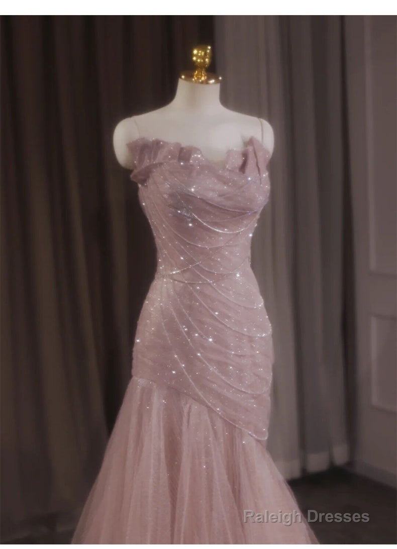 Pink Mermaid Strapless Tulle Sequined Long Prom Dress Sweet Wedding Dress