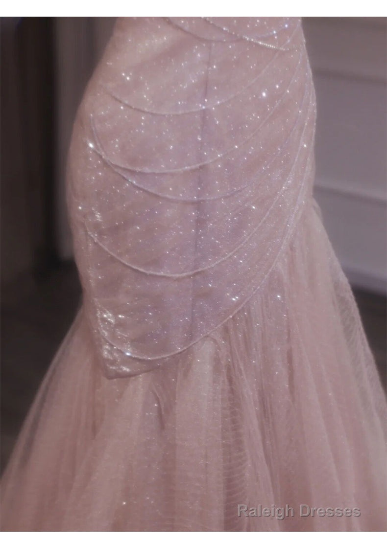 Pink Mermaid Strapless Tulle Sequined Long Prom Dress Sweet Wedding Dress