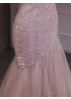 Pink Mermaid Strapless Tulle Sequined Prom Dresses Long Sweet Wedding Dresses