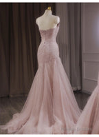 Pink Mermaid Strapless Tulle Sequined Long Prom Dress Sweet Wedding Dress