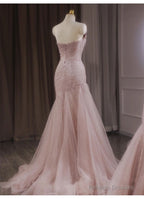 Pink Mermaid Strapless Tulle Sequined Prom Dresses Long Sweet Wedding Dresses