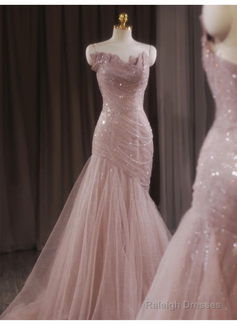 Pink Mermaid Strapless Tulle Sequined Prom Dresses Long Sweet Wedding Dresses