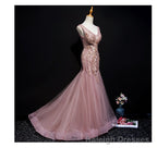 Pink Mermaid Tulle Long Evening Dress with Lace, V-neckline Floor Length Prom Dress