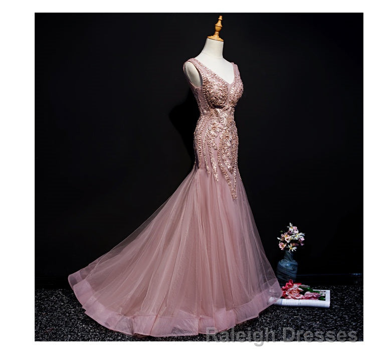 Pink Mermaid Tulle Long Evening Dress with Lace, V-neckline Floor Length Prom Dress