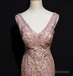 Pink Mermaid Tulle Long Prom Dress with Lace, V Neckline Floor Length Prom Dress