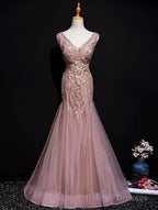 Pink Mermaid Tulle Long Evening Dress with Lace, V-neckline Floor Length Prom Dress