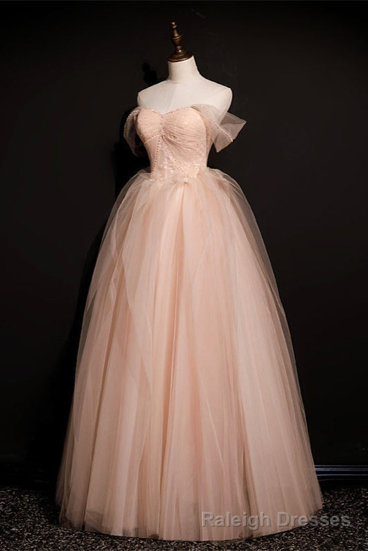 Pink Off Shoulder Beaded Tulle Long Prom Dresses, Pink A Line Formal Dresses Prom Dress