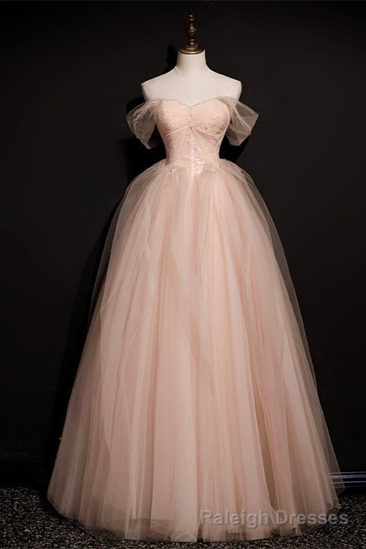 Pink Off Shoulder Beaded Tulle Long Prom Dresses, Pink A Line Formal Dresses Prom Dress