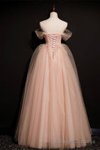 Pink Off Shoulder Beaded Tulle Long Prom Dresses, Pink A Line Formal Dresses Prom Dress