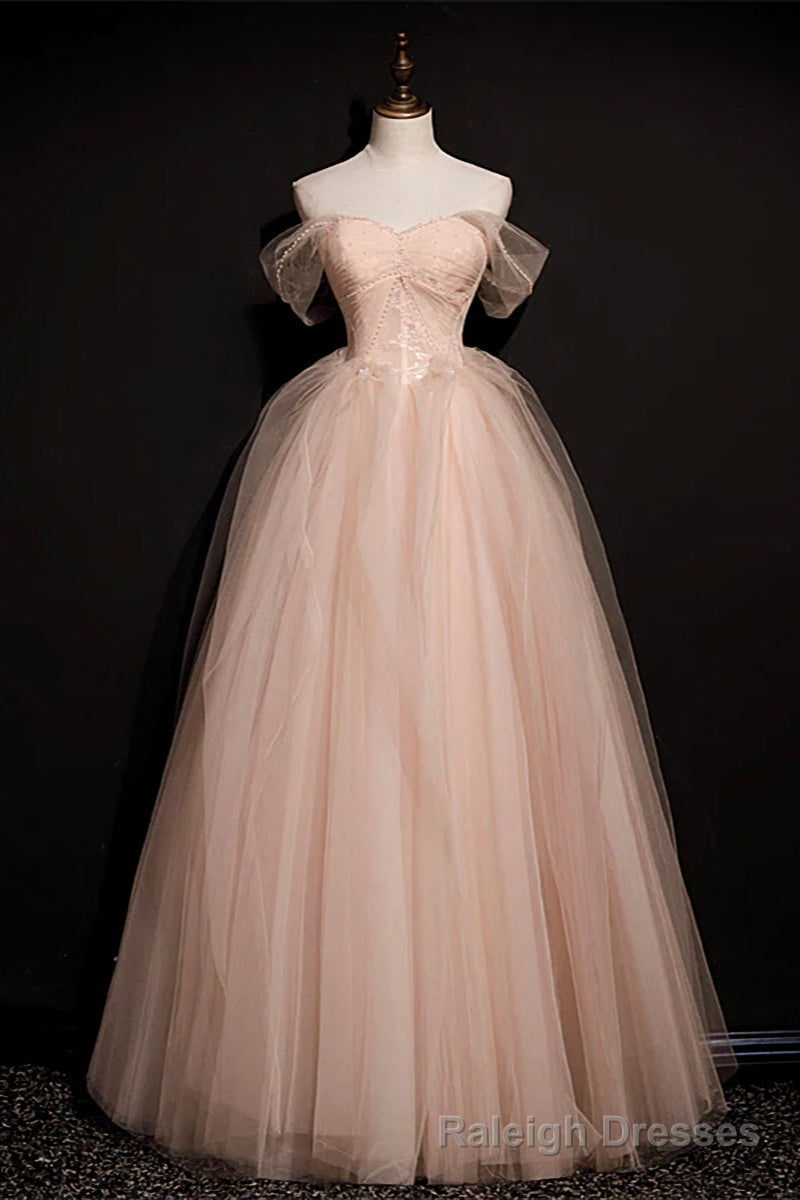 Pink Off Shoulder Beaded Tulle Long Prom Dresses, Pink A Line Formal Dresses Prom Dress