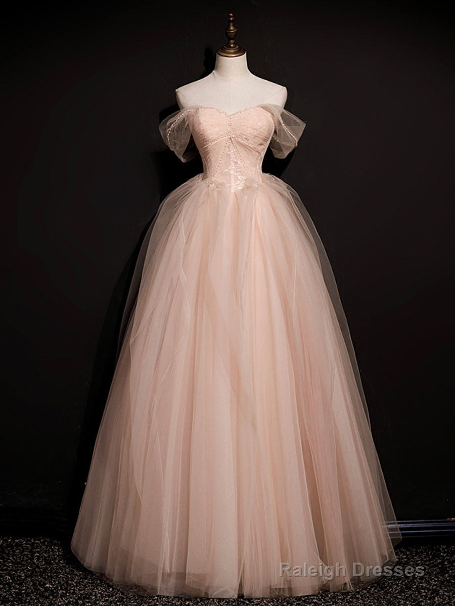 Pink  Off Shoulder Long Prom Dress, Pink Tulle Formal Evening Dress