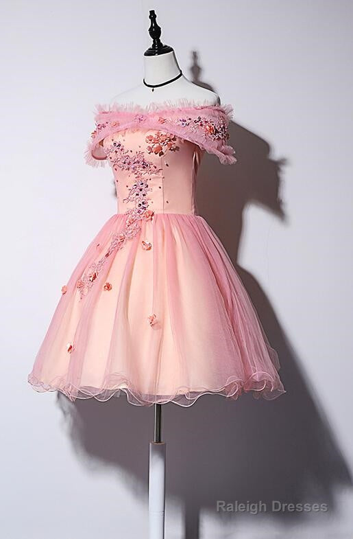 Pink Off Shoulder Lovely Tulle Lace Applique Prom Dresses Pink Homecoming Dresses Prom Dresses