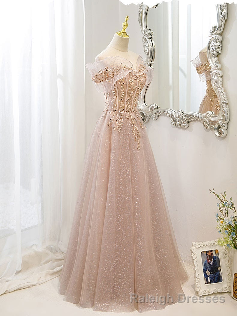 Pink Off Shoulder Shiny Tulle with Beaded and Lace Prom Dress, Pink Formal Dresses Main image